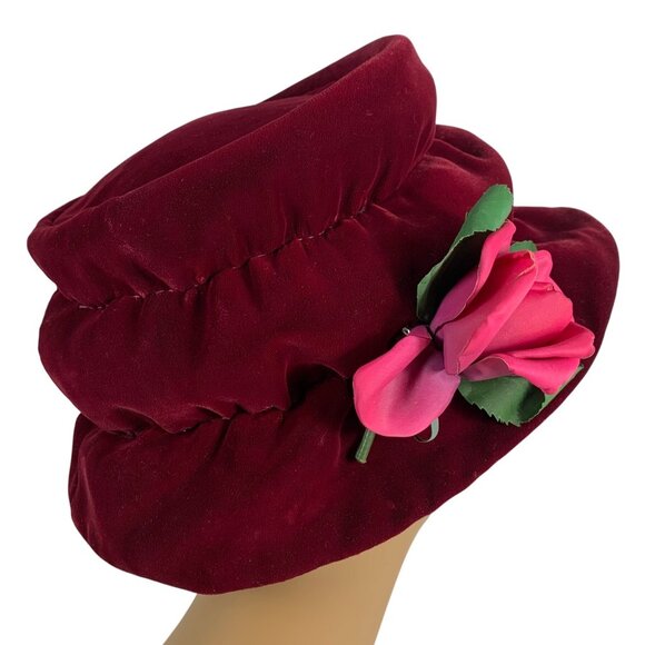 Burgundy Red Velvet Floppy Scrunchy Bucket Cloche Hat + Pink Rose Union Made USA - Picture 2 of 7